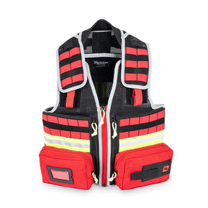 Rote und schwarze Einsatzweste mit reflektierenden Streifen und mehreren Taschen.