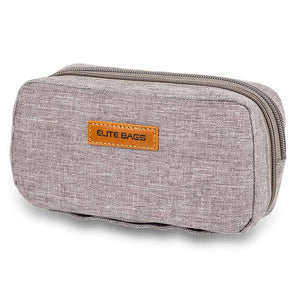 Beige Diabetes-Tasche mit Reißverschluss und aufgenähtem ‚ELITE BAGS‘-Logo auf der Vorderseite.
