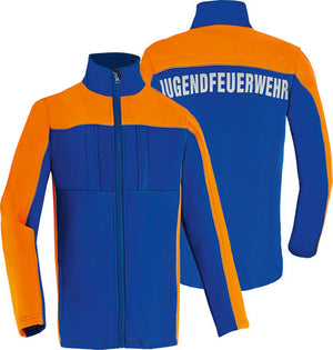 Jugendfeuerwehr Jacke blau-orange mit Rückenaufschrift JUGENDFEUERWEHR, Vorder- und Rückansicht