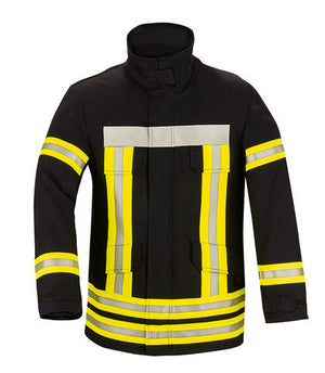 Feuerwehr Einsatzjacke schwarz mit gelb-silbernen Reflexstreifen, Frontansicht