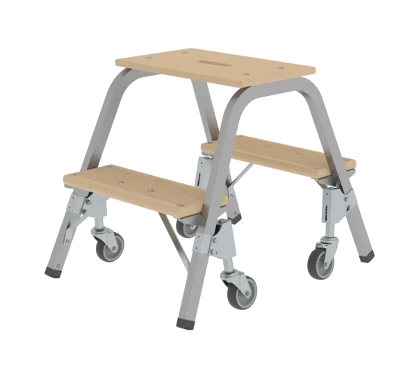 Munk Stahl-Holz-Tritt mit Lenkrollen: Zweistufige Trittleiter mit grauem Metallrahmen und Holzstufen, ausgestattet mit Rollen für flexible Mobilität.