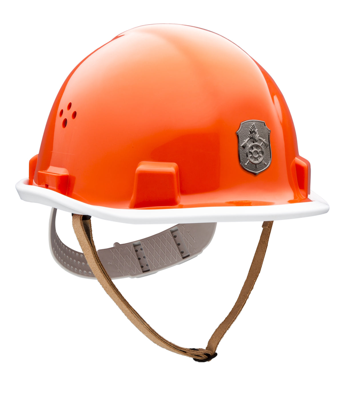 VOSS Schutzhelm für die Jugendfeuerwehr, orangefarbene Helmschale mit weißem Rand, beigefarbenem Riemen und silbernem DJF-Emblem. - imagen 2