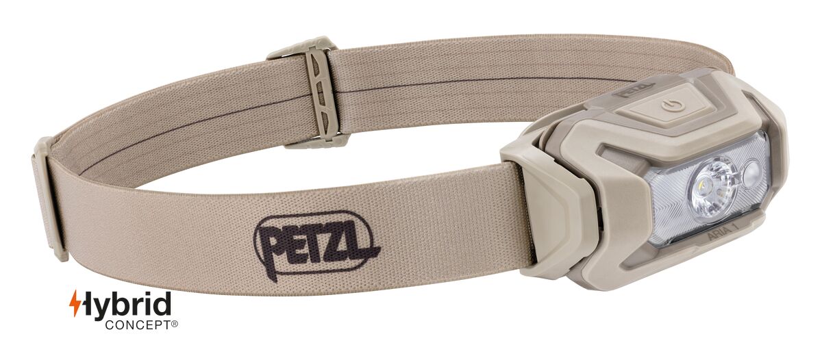Petzl ARIA 1 RGB Stirnlampe, Desert, mit verstellbarem Kopfband.