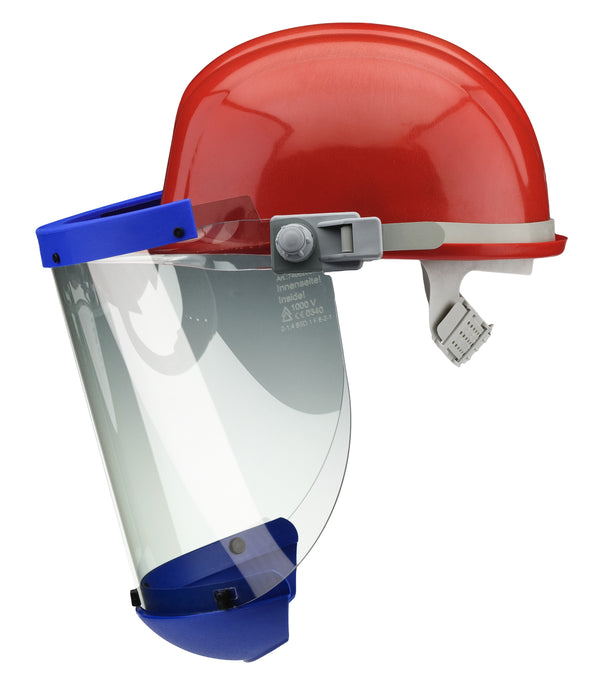 VOSS Elektrikerschutzschild Klasse II mit Helmhalterung an rotem Schutzhelm montiert