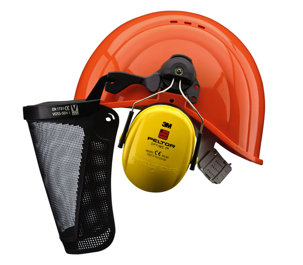 VOSS INAP-Defender-4-F-Kombi Forsthelm-Set orange mit Drahtvisier und Gehörschutz, Rückansicht
