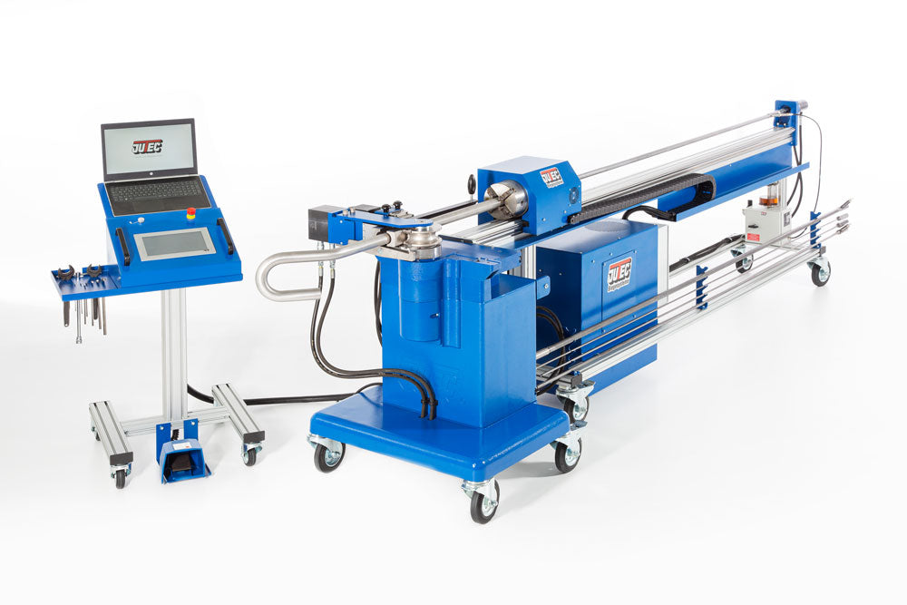 Jutec Elektro-Biegemaschine 5000 (1.5mtr-6.0mtr) – Biegeleistung St.: 50x4mm Biegeleistung VA: 50x3mm Biegeradius: 10-140mm/ optional bis 250mm Biegerichtung: links/ rechts Biegeradius: 2xD standard / 1,5xD optional Biegegeschwindigkeit: 18°/Sek und 36°/Sek, 3/6Upm Biegewinkel: 195° Wiederholgenauigkeit: +/- 0,1° Getriebe: elektromechanische Antriebsachse Powerhydraulik: max. 280 bar Präzisionsführung: 4Backen Spannfutter Stromaufnahme: 6,2KW Spannung: 400V/ 3 Phasen Dornträgerlänge: 1500/3000/4500/6000mm G - imagen 5