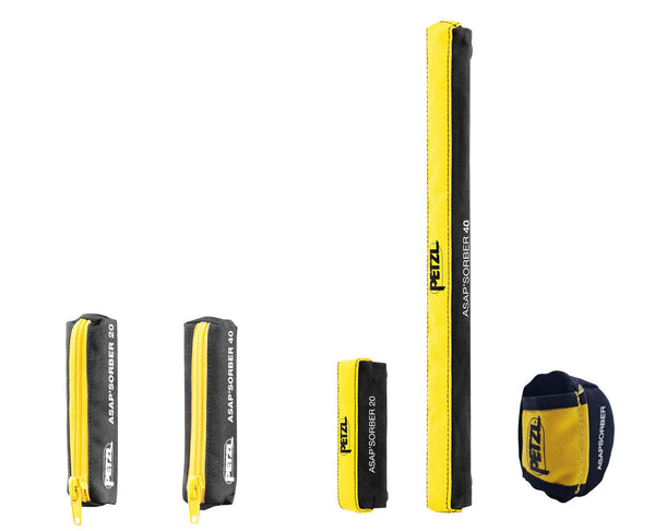 Petzl Schutzhüllen für ASAP'SORBER 20 und 40 im Größenvergleich, mit rundlicher Aufbewahrungshülle.