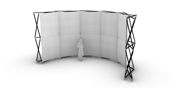Konligo 3D view of the Luno Wall curved modular structure with fabric panels and human scale reference,, now available on MTN SHOP US.