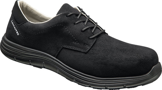 Metallfreier Sicherheitshalbschuh Lemaitre Derby Noir S3 in Schwarz. Hergestellt aus feiner Mikrofaser mit perforiertem Innenfutter, Fiberglas-Zehenkappe und metallfreier, durchtrittsicherer Zwischensohle. Antistatisch, rutschfest und zertifiziert nach EN 20345:2011