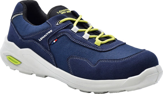 Nachhaltiger Sicherheitshalbschuh Lemaitre Planet Bas Bleu S3S in Blau mit gelben Akzenten. Hergestellt aus recyceltem Polyester und Mikrofaser, mit Fiberglas-Zehenkappe und metallfreier, durchtrittsicherer Zwischensohle. Antistatisch, rutschfest und umweltfreundlich nach EN ISO 20345:2022 zertifiziert.
