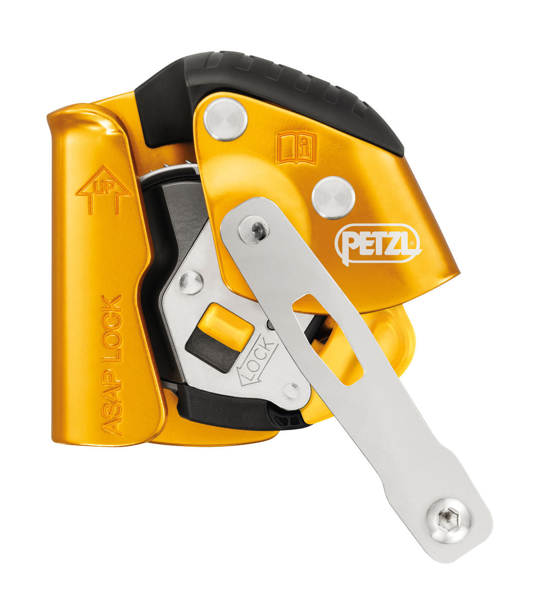 Petzl ASAP® LOCK – Das mitlaufende Auffanggerät ASAP LOCK ist darauf ausgelegt, das Handling für den Anwender beim Aufstieg am Seil zu erleichtern. Bei normaler Verwendung folgt das Gerät ohne manuelles Eingreifen automatisch den Bewegungen des Anwenders am Seil. Bei einem Sturz oder abrupter Beschleunigung blockiert das Auffanggerät am Seil und stoppt den Anwender. Die integrierte Blockierfunktion ermöglicht es dem Anwender, das Gerät zu stoppen, um die Sturzhöhe zu reduzieren. Der Verbindungsarm schützt b