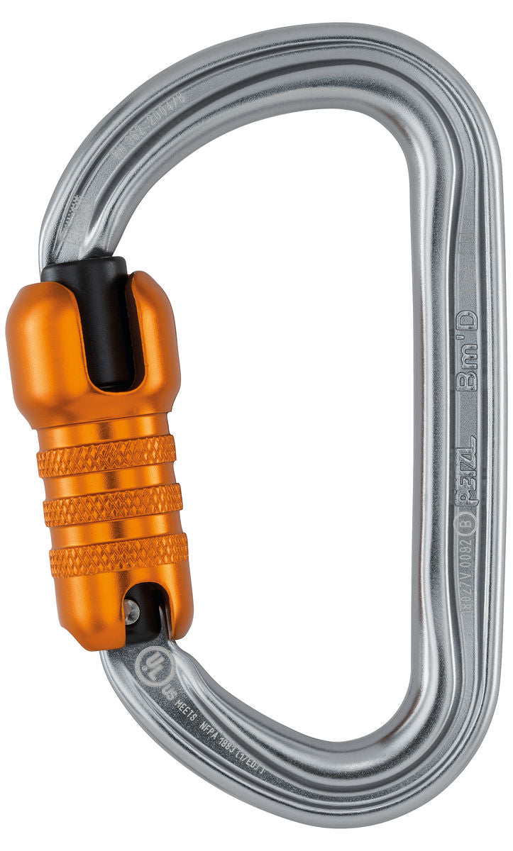 Petzl Bm'D – Leichter asymmetrischer Aluminiumkarabiner mit hoher Bruchlast, ideal zum Einhängen von Abseilgeräten und Verbindungsmitteln zur Arbeitsplatzpositionierung.