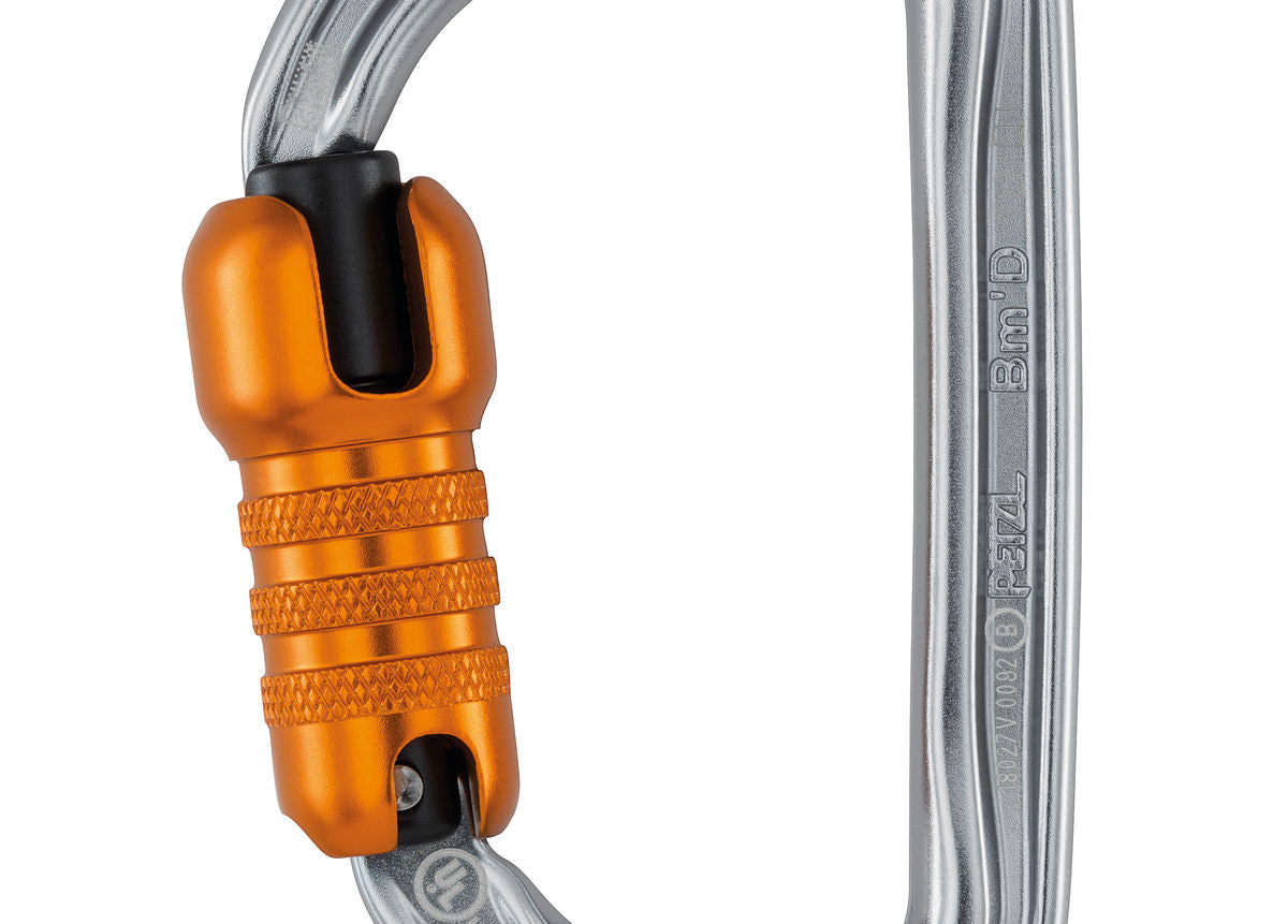 Petzl Bm'D – Leichter asymmetrischer Aluminiumkarabiner mit hoher Bruchlast, ideal zum Einhängen von Abseilgeräten und Verbindungsmitteln zur Arbeitsplatzpositionierung.