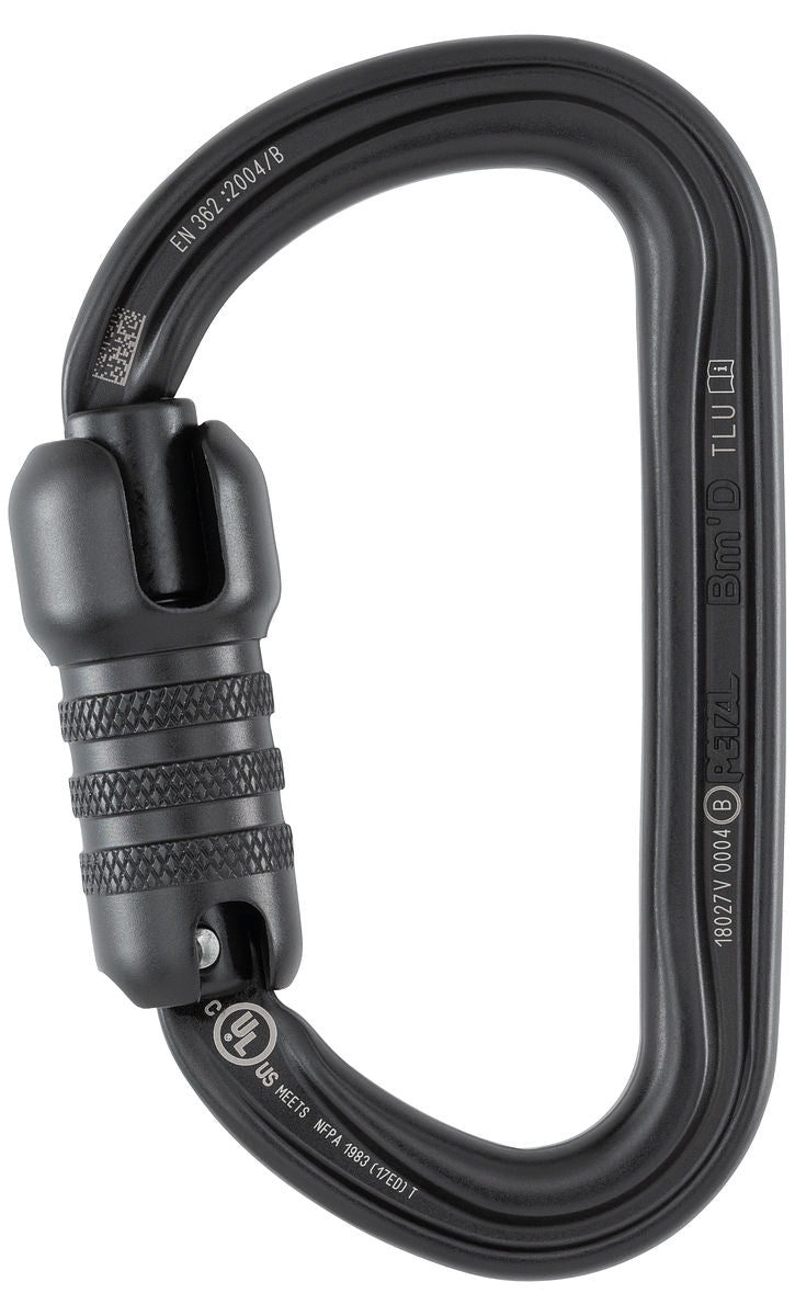 Petzl Bm'D – Leichter asymmetrischer Aluminiumkarabiner mit hoher Bruchlast, ideal zum Einhängen von Abseilgeräten und Verbindungsmitteln zur Arbeitsplatzpositionierung.