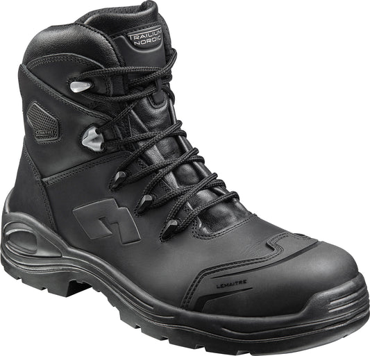 Lemaitre NJORD S3 – Robuster Sicherheitsstiefel aus wasserabweisendem Leder mit Fiberglas-Zehenkappe, rutschfester PU/PU-Sohle und MEMORYfoam-Einlegesohle für hohen Tragekomfort. Zusätzlicher Schutz durch TPU-Überkappe und metallfreie durchtrittsichere Zwischensohle. Ideal für anspruchsvolle Arbeitsumgebungen.