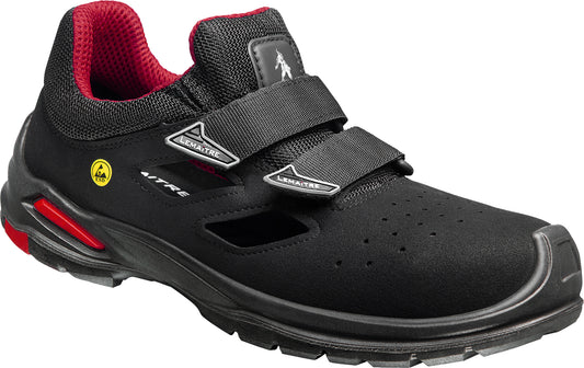 Lemaitre Riley Fresh S1P ESD – ESD-Sicherheitssandale aus wasserabweisender, gelochter Mikrofaser mit atmungsaktivem 3D-Mesh-Innenfutter, Aluminium-Zehenkappe und metallfreier, durchtrittsicherer Zwischensohle. Klettverschluss und seitliche Lüftungsfenster für hohe Atmungsaktivität. Ideal für Lager, Logistik und empfindliche Arbeitsbereiche.