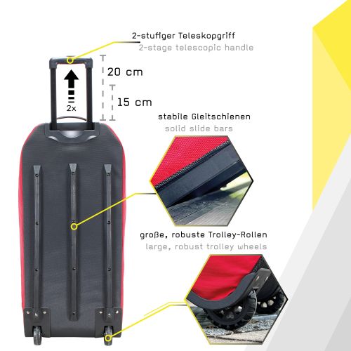 Black TEE-UU JUMBOBAG trolley bag with red accents, 2-stage telescopic handle, sturdy slide rails, and large durable wheels.