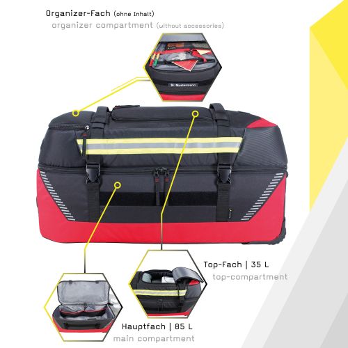 Black and red large trolley bag with yellow reflective stripes and multiple zip compartments.