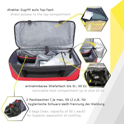Red TEE-UU JUMBOBAG trolley bag with open top compartment and removable boot section inside.
