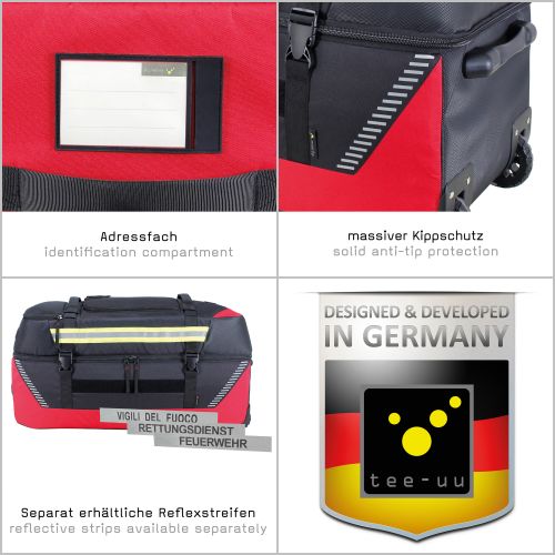 Red and black TEE-UU JUMBOBAG trolley bag with ID compartment, solid anti-tip protection, and reflective strips.