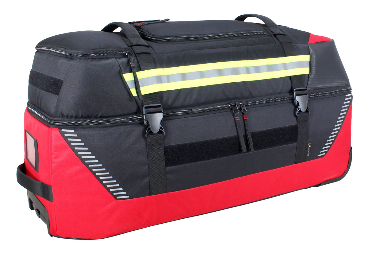 Black and red TEE-UU JUMBOBAG trolley bag with reflective strip and multiple zippered compartments.