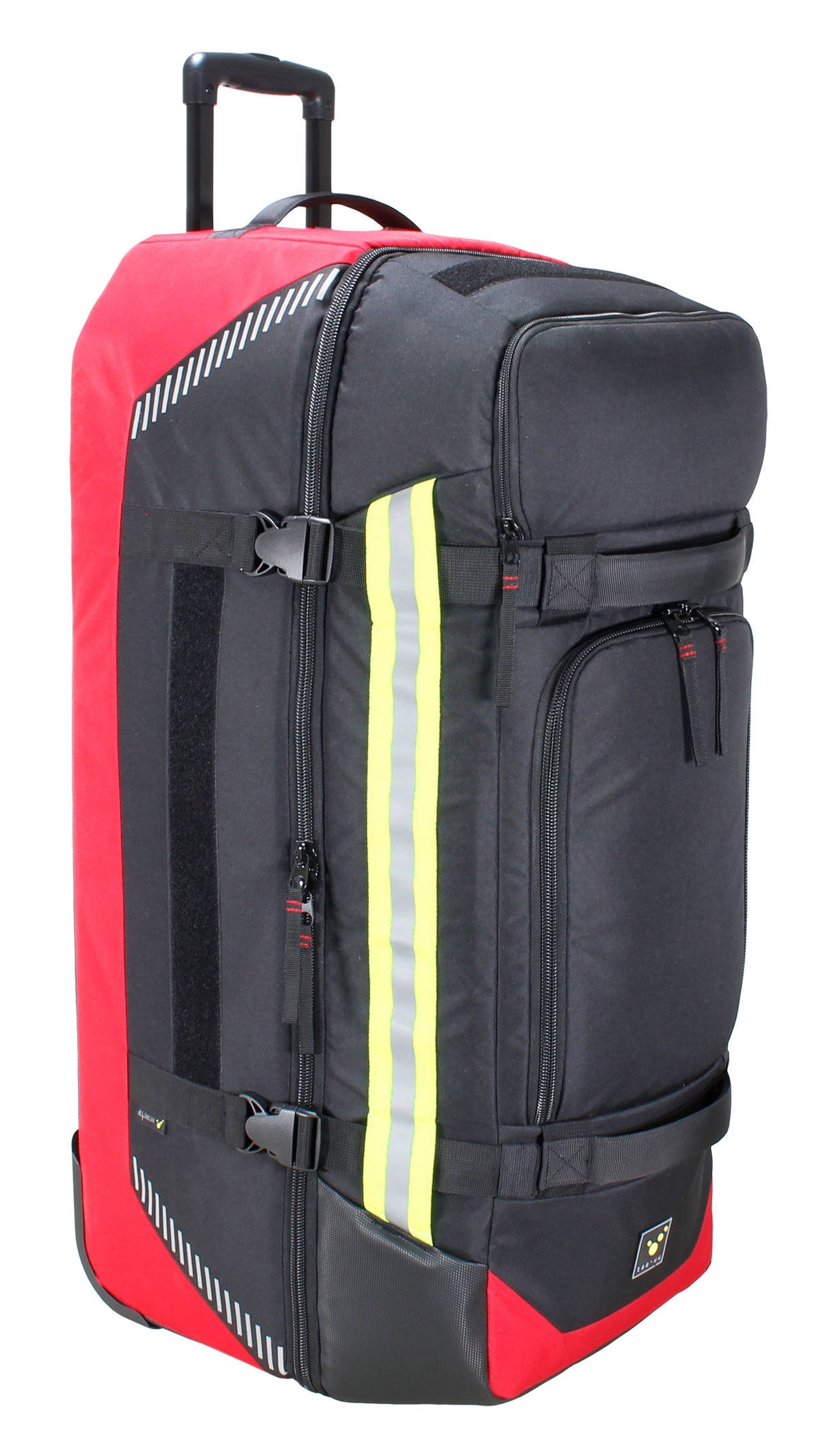 Black and red trolley bag with telescopic handle, front zip pockets, and reflective yellow stripe.