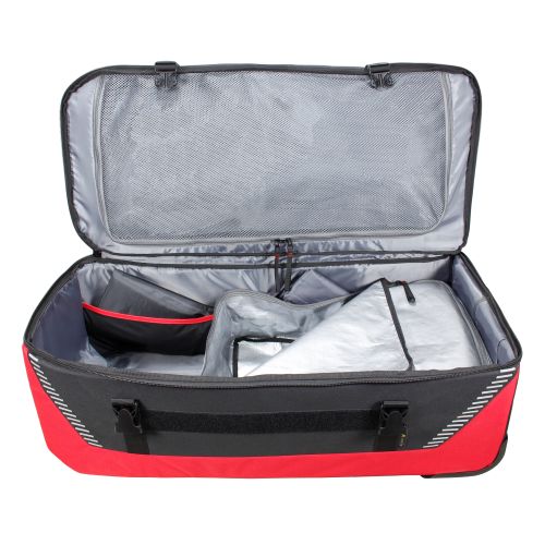 Red and black trolley bag with open top, spacious interior, and multiple compartments including padded divider and zippered.