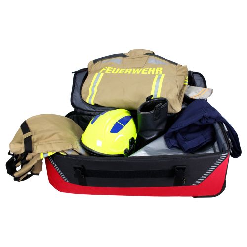 Open red and black trolley bag filled with firefighter gear including tan jacket, yellow helmet, black boots, and dark pants.