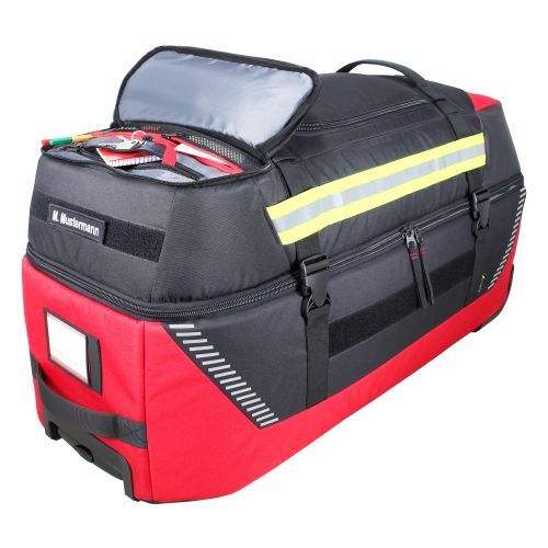 Black and red TEE-UU JUMBOBAG trolley bag with reflective yellow stripe and multiple zippered compartments, open top showing .