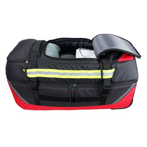 Black and red jumbo trolley bag with reflective yellow stripe and zippered compartments, partially open top flap.