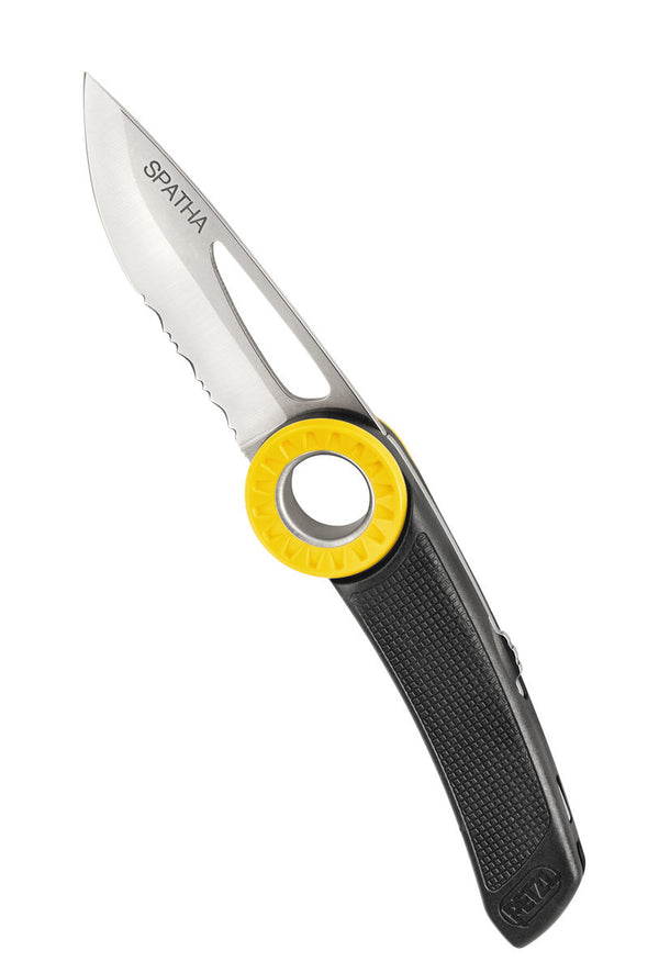 Ніж Petzl SPATHA – ніж SPATHA супроводжує працівника, що працює на висоті, у його щоденній роботі. Профіль леза підходить для розрізання мотузок і шнурів. Ніж має вушко для підвішування на ремінь за допомогою карабіна. Завдяки рифленому колесу його також можна відкрити в рукавичках. Він також має замок для фіксації леза у відкритому положенні. – Тепер доступний у MTN Shop DE.