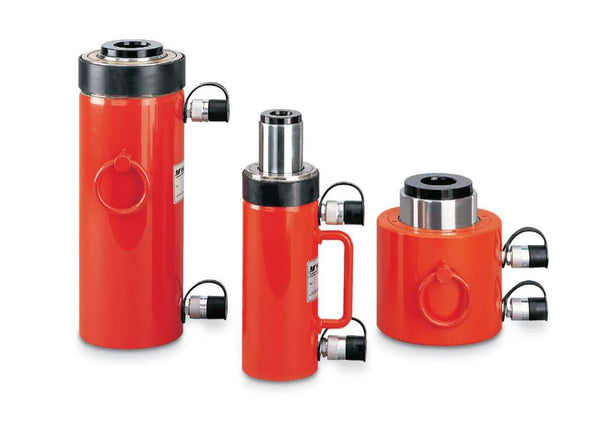 Yale Doppetwirkender Hydraulik Hohlkolben-Zylinder YCH – Die Anwendungsmöglichkeiten und Einsatzbedingungen sind die gleichen wie bei den umseitig gezeigten einfachwirkenden Hohlkolben-Zylindern, jedoch erfolgt der Kolbenrückzug bei diesen doppeltwirkenden Zylindern hydraulisch mittels zweitem Ölanschluss. Diese doppeltwirkenden Zylinder werden eingesetzt, wenn der Rückzug des Kolbens mit hydraulischer Kraft oder in sehr kurzer Zeit erfolgen soll (wie z. B. beim Takt-Zugverfahren). – Jetzt erhältlich im MTN