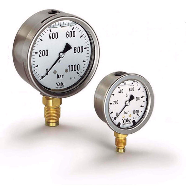 Yale Manometer – Der Einsatz von Manometern empfiehlt sich immer, wenn der Betriebsdruck, und damit die Kraft der angeschlossenen Hydraulikzylinder, abgelesen werden soll. Yale Manometer verfügen über ein Edelstahlgehäuse und eine Acrylglassichtscheibe und sind zur besseren Dämpfung mit Glyzerin gefüllt. Dadurch ergibt sich eine hohe Lebensdauer und eine genaue Ablesemöglichkeit. Auch beim Einsatz von Motorpumpen vibriert der Zeiger nicht. – Jetzt erhältlich im MTN Shop DE.