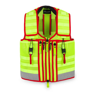 Neongelbe Warnweste mit reflektierenden Streifen und mehreren Fronttaschen.