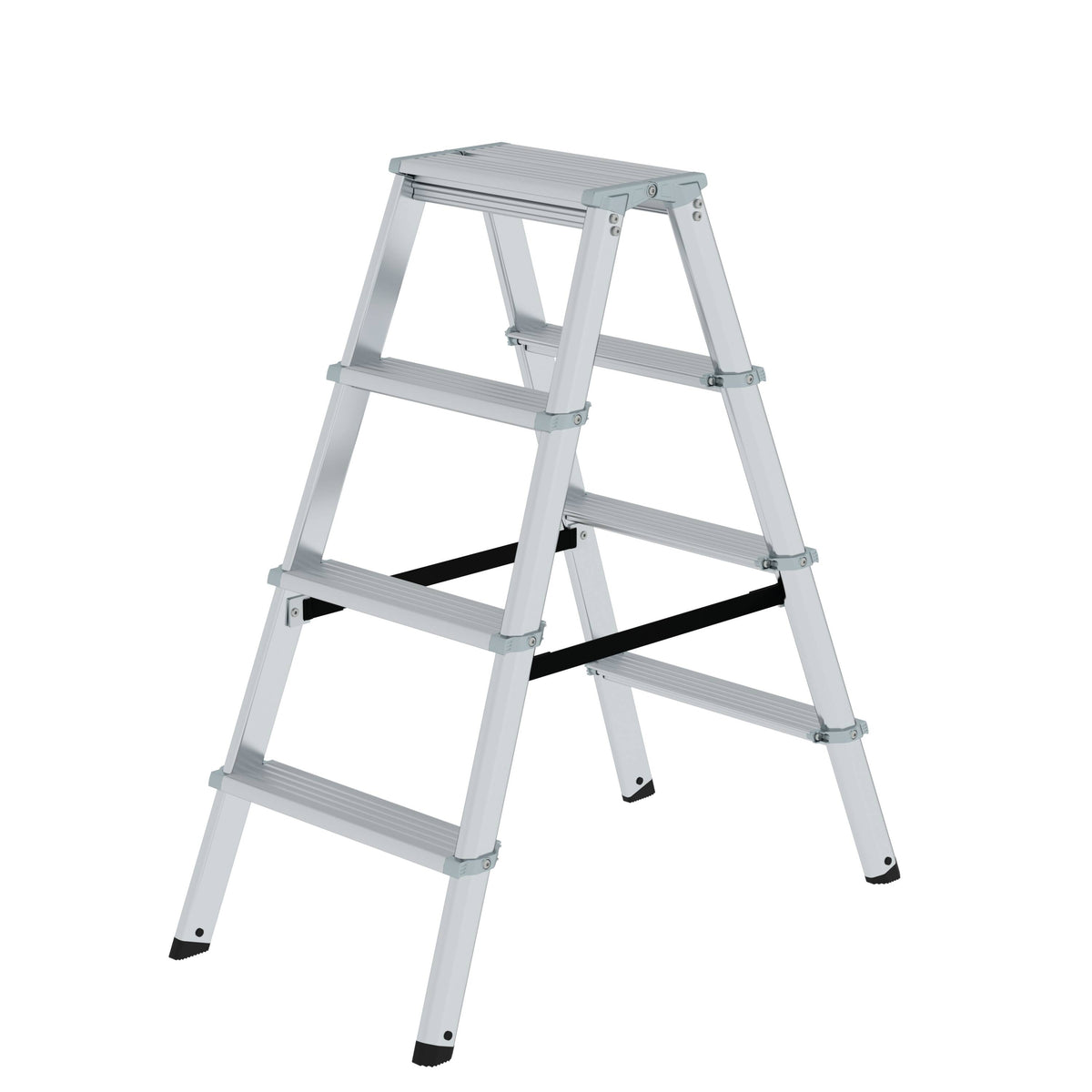 Munk ML Stufen-Stehleiter beidseitig begehbar – Beidseitig begehbare Alu-Stehleiter mit rutschfesten 80 mm Stufen, Polyestergurt-Spreizsicherung & 150 kg Tragkraft. Jetzt sicher & komfortabel arbeiten! – Jetzt erhältlich im MTN Shop DE.
