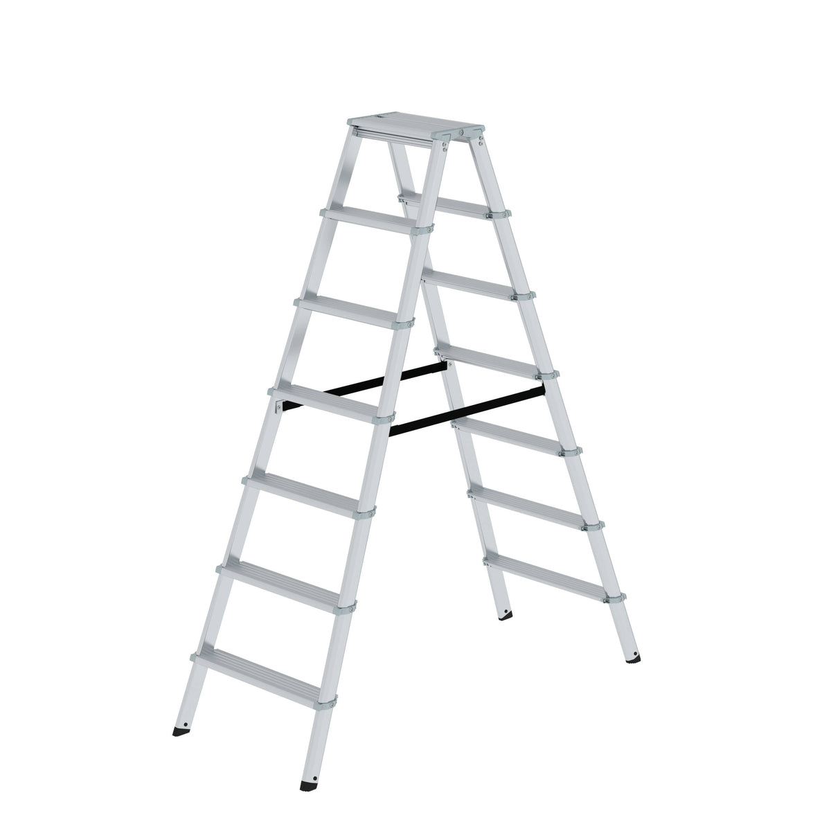 Munk ML Stufen-Stehleiter beidseitig begehbar – Beidseitig begehbare Alu-Stehleiter mit rutschfesten 80 mm Stufen, Polyestergurt-Spreizsicherung & 150 kg Tragkraft. Jetzt sicher & komfortabel arbeiten! – Jetzt erhältlich im MTN Shop DE.