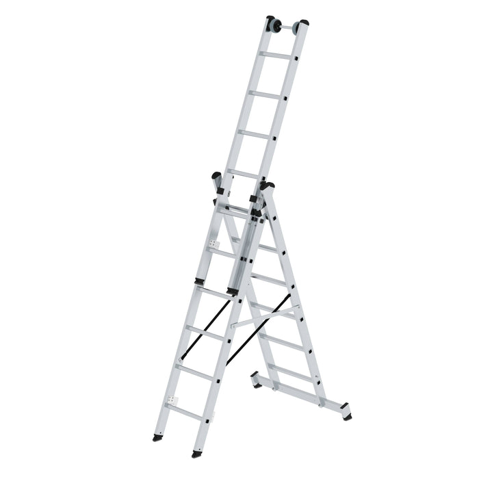 MUNK Sprossen-Mehrzweckleiter 3-teilig mit nivello®-Traverse und Wandlaufrollen