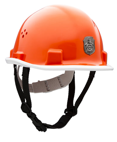 VOSS Jugendfeuerwehrhelm in Orange mit weißem Rand, schwarzem Kinnriemen und dem DJF-Abzeichen auf der Vorderseite vor weißem Hintergrund.
