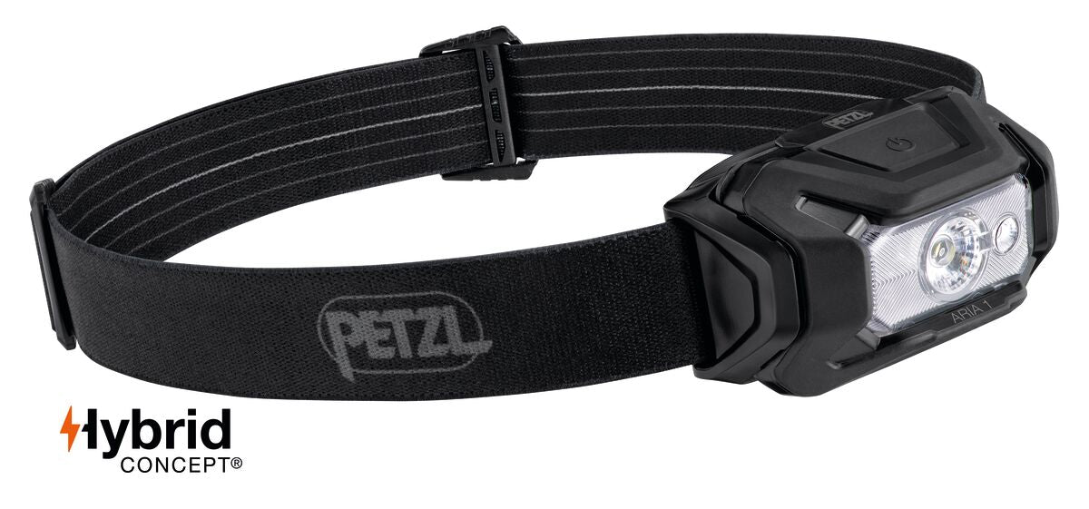Petzl ARIA 1 RGB Stirnlampe, Schwarz, mit Kopfband und HYBRID CONCEPT Logo.