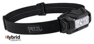 Petzl ARIA 1 RGB Stirnlampe, Schwarz, mit Kopfband und HYBRID CONCEPT Logo.