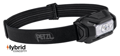 Petzl ARIA 1 RGB Stirnlampe, Schwarz, mit Kopfband und HYBRID CONCEPT Logo.