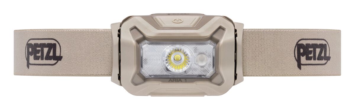 Petzl ARIA 1 RGB Stirnlampe, Desert, seitliche Nahaufnahme des Lampenkopfs.