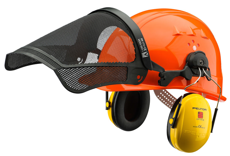 VOSS INAP-Master-4-F-Kombi Forsthelm-Set orange mit Drahtvisier und Gehörschutz, Detailansicht