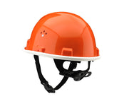 Seitenansicht des orangefarbenen VOSS Jugendfeuerwehrhelms mit schwarzem Kinnriemen und Innenausstattung zur Größenverstellung. - imagen 6