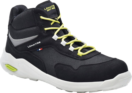 Nachhaltiger Sicherheitsstiefel Lemaitre Planet Haut Noir S3S in Schwarz mit gelben Akzenten. Hergestellt aus recyceltem Polyester und Mikrofaser, mit Fiberglas-Zehenkappe und metallfreier, durchtrittsicherer Zwischensohle. Antistatisch, rutschfest und umweltfreundlich nach EN ISO 20345:2022 zertifiziert