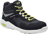 Nachhaltiger Sicherheitsstiefel Lemaitre Planet Haut Noir S3S in Schwarz mit gelben Akzenten. Hergestellt aus recyceltem Polyester und Mikrofaser, mit Fiberglas-Zehenkappe und metallfreier, durchtrittsicherer Zwischensohle. Antistatisch, rutschfest und umweltfreundlich nach EN ISO 20345:2022 zertifiziert