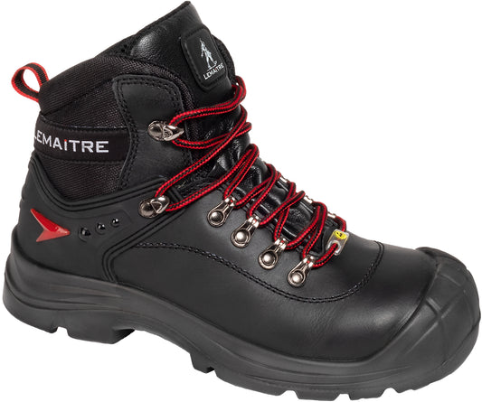 Schwarzer ESD-Sicherheitsstiefel Lemaitre Slog Black S3 ESD aus robustem Rindleder mit roten Akzenten, Stahlkappe, metallfreier durchtrittsicherer Zwischensohle und rutschfester PU/PU-Sohle. Atmungsaktives 3D-Mesh-Innenfutter für hohen Tragekomfort.