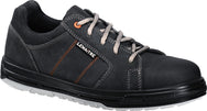 Moderner Sicherheitshalbschuh Lemaitre Soul S3 im Sneaker-Design aus schwarzem, wasserabweisendem Vollnarbenleder mit grauen und orangefarbenen Nähten. Ausgestattet mit einer Aluminiumkappe, durchtrittsicherer Textilsohle „Fibre-LS“ und rutschfester PU/PU-Sohle für maximalen Schutz und Komfort. Atmungsaktives Textilfutter für optimale Belüftung. Ideal für Industrie, Lager und Logistik.