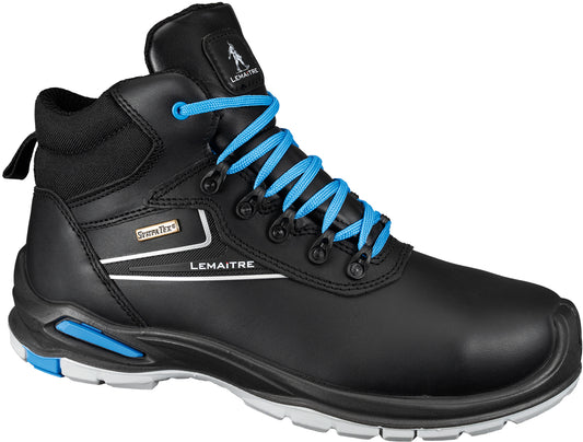 Robuster Sicherheitsstiefel Lemaitre Submarine S3 in Schwarz mit blauen Akzenten. Hergestellt aus Rindleder mit SympaTex®-Funktionsfutter, Aluminium-Zehenkappe und metallfreier, durchtrittsicherer Zwischensohle. Antistatisch, wasserdicht, rutschfest und zertifiziert nach EN 20345:2011