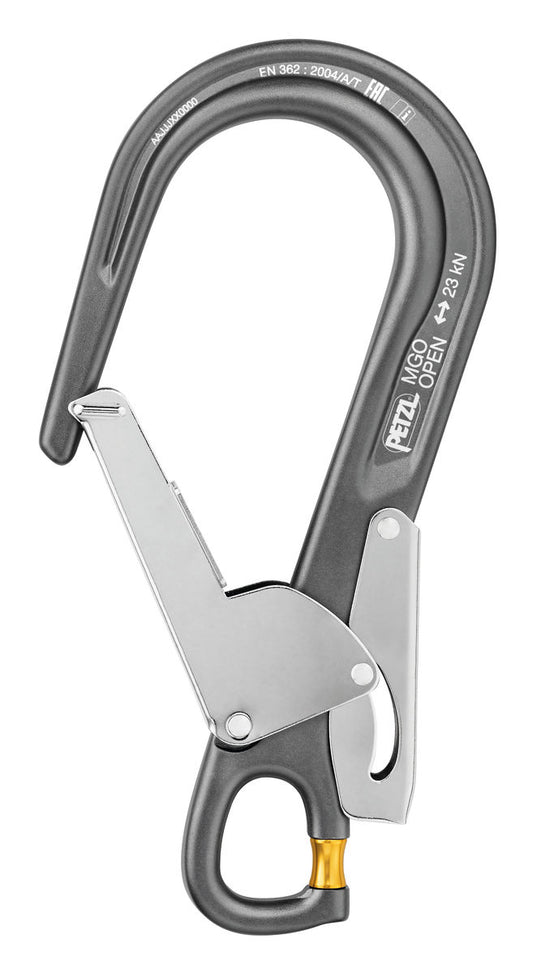 Petzl MGO OPEN richtungsabhängiges Verbindungselement – Das MGO OPEN ist ein richtungsabhängiges Verbindungselement mit weiter Schnapperöffnung und automatischem Verriegelungssystem zum Einhängen an Metallstrukturen, Drahtseilen und Gestänge mit großem Durchmesser. Es verfügt über eine aufschraubbare Verbindungsöse für die Kombination mit unterschiedlichen Arten von Verbindungsmitteln. So kann das Verbindungselement im Falle einer Beschädigung des Verbindungsmittels wieder verwendet werden. Das MGO OPEN ist